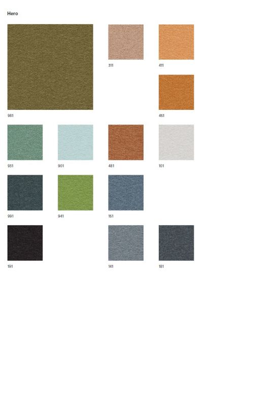 Stoffmusterkarte Hero von Kvadrat mit verschiedenen Farbvarianten und Nummern für Möbelstoffe und Polsterstoffe.